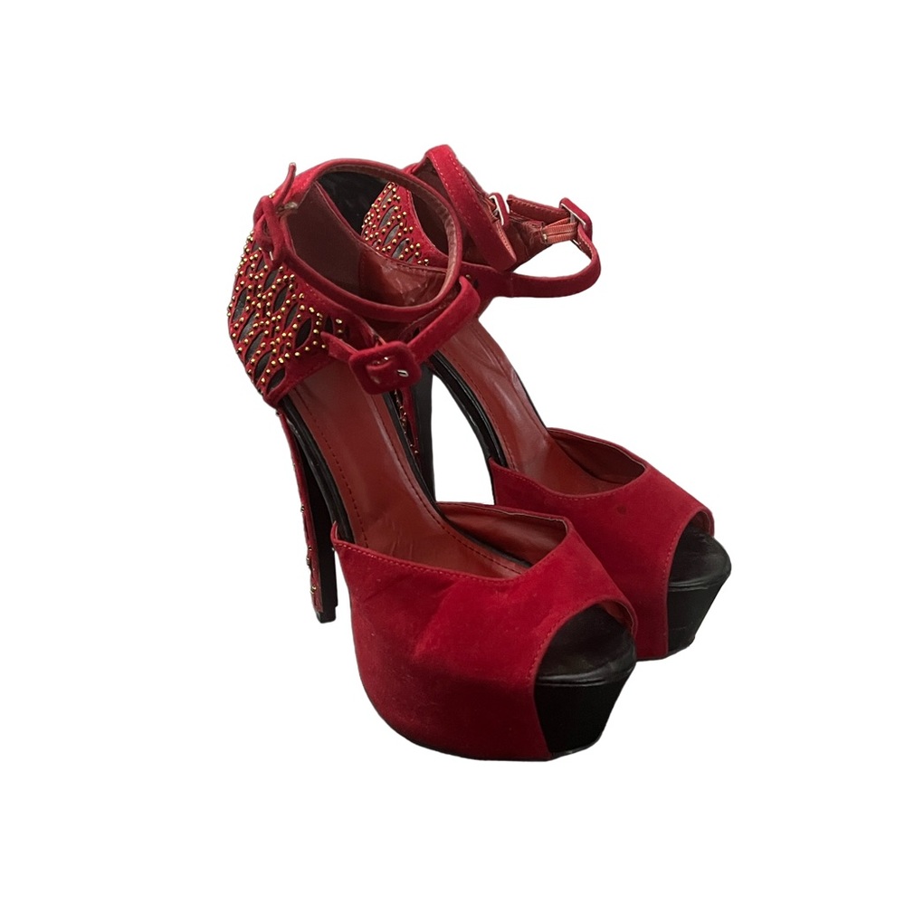 Red Embellished Heel Platform Sandals